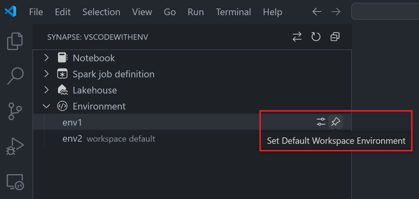 Cuplikan layar memperlihatkan ubah lingkungan default ruang kerja.