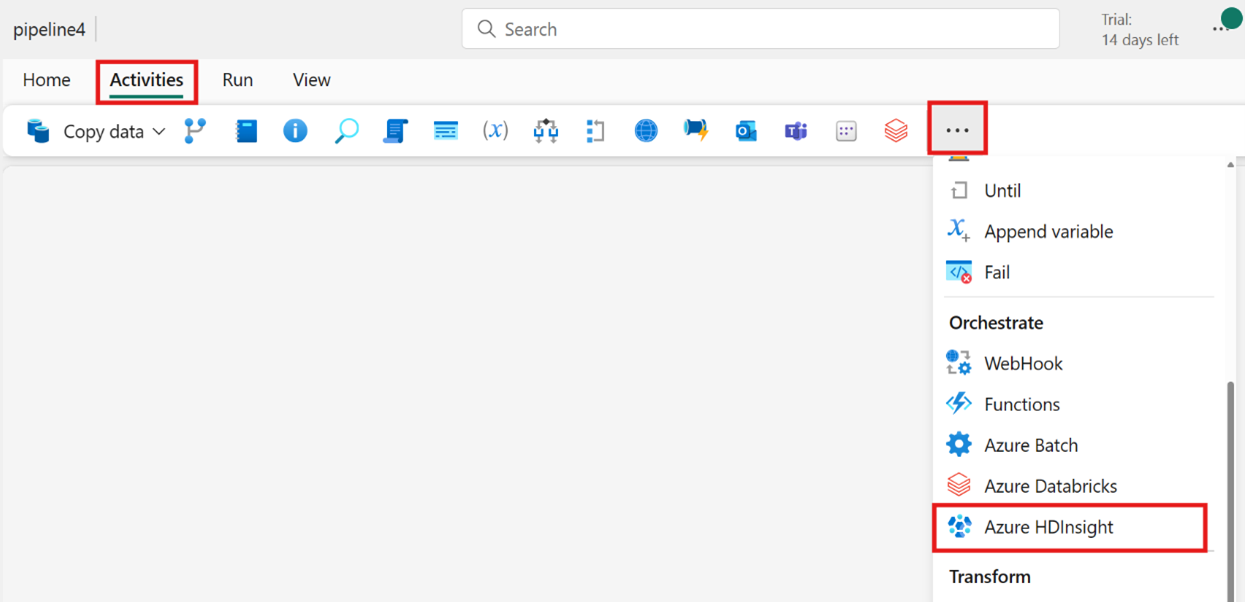 Cuplikan layar memperlihatkan tempat untuk membuat aktivitas Azure HDInsight baru dari bilah Aktivitas di jendela editor alur.
