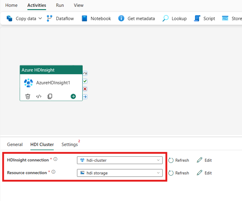 Cuplikan layar memperlihatkan properti Kluster HDI untuk aktivitas Azure HDInsight.