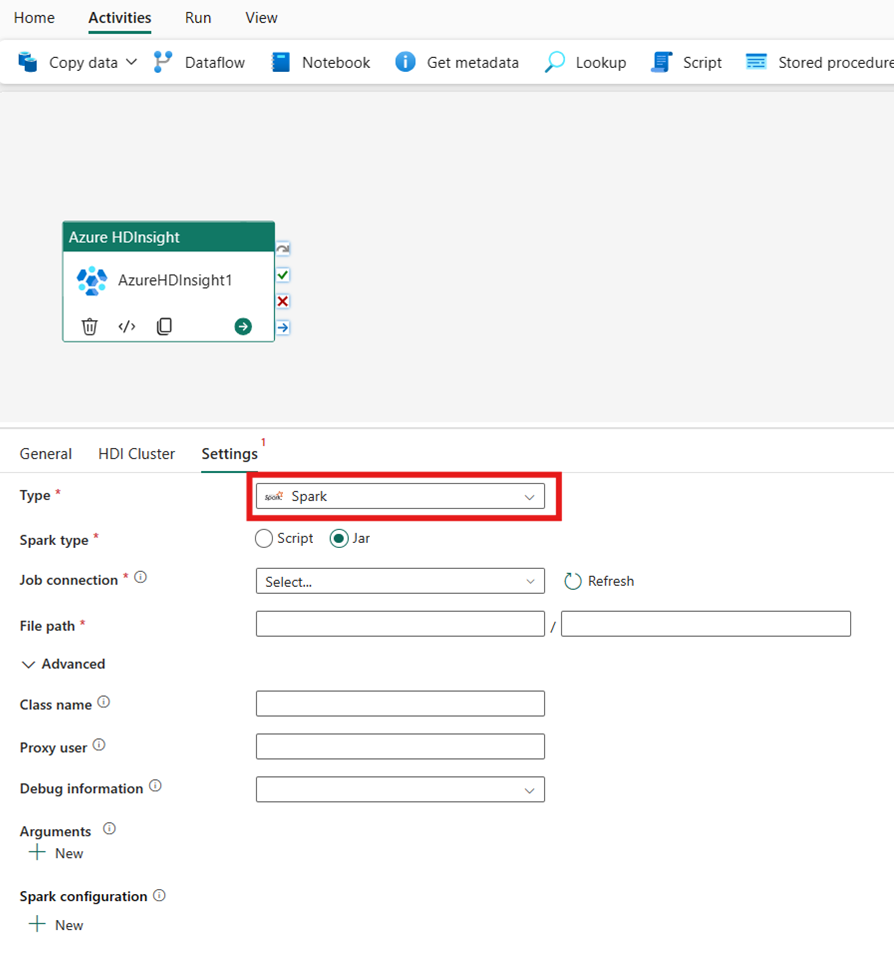 Cuplikan layar memperlihatkan pemilihan jenis Spark untuk kluster HDInsight.