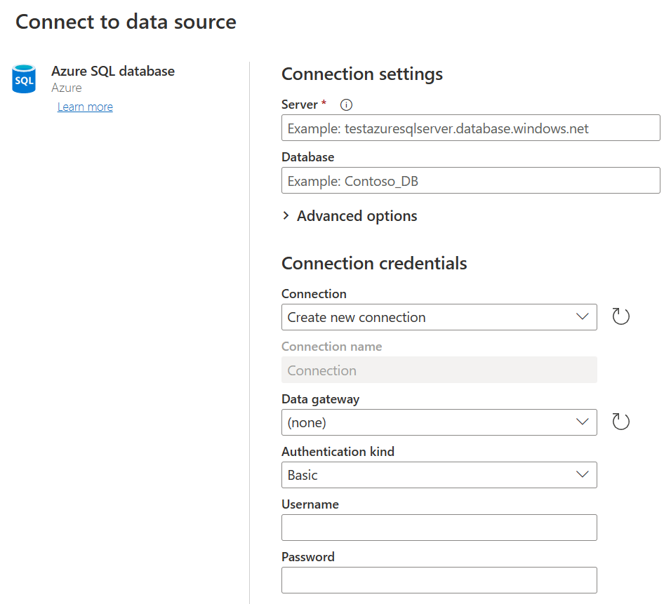 Cuplikan layar memperlihatkan Hubungkan sumber data tempat Anda memasukkan nama server dan kredensial Anda.