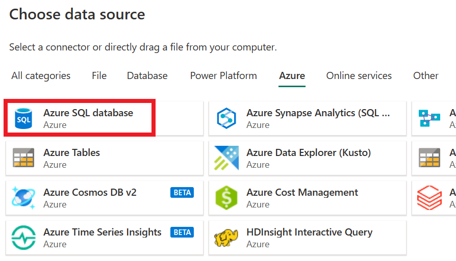Cuplikan layar memperlihatkan Pilih sumber data dengan kategori Azure dan konektor database Azure SQL ditekankan.