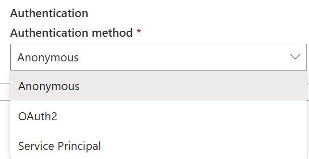 Cuplikan layar memperlihatkan metode autentikasi Daftar SharePoint Online.