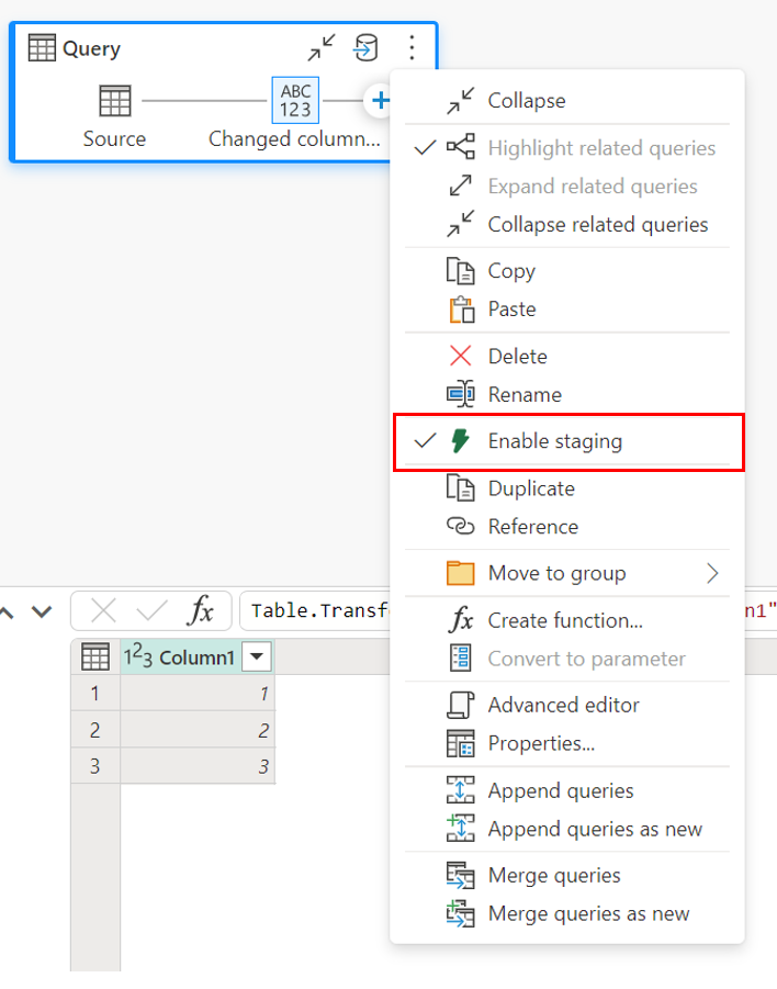 Cuplikan layar menu drop-down kueri dengan Aktifkan penahapan ditekankan.