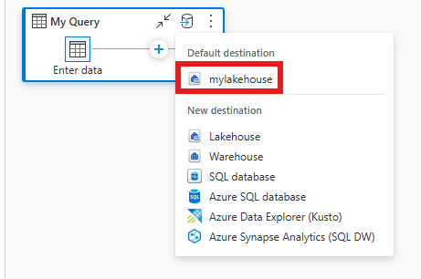 Cuplikan layar editor Dataflow Gen2 dengan opsi untuk mengikat tujuan default dalam tampilan diagram.