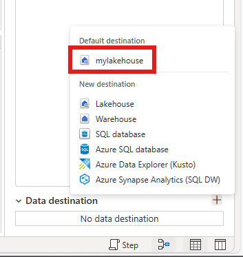 Cuplikan layar editor Dataflow Gen2 dengan opsi untuk mengikat tujuan default dalam pengaturan kueri.