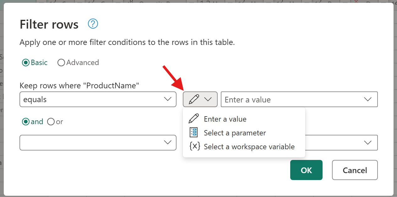 Cuplikan layar widget input dalam dialog baris filter memperlihatkan beberapa opsi yang tersedia untuk input.