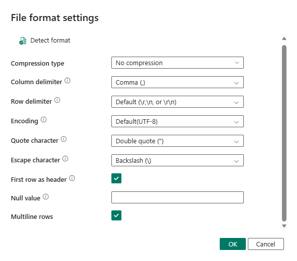 Cuplikan layar memperlihatkan pengaturan format file sumber.