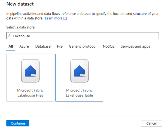 Cuplikan layar memperlihatkan dialog Himpunan data baru dengan jenis himpunan data Microsoft Fabric Lakehouse Table dipilih.