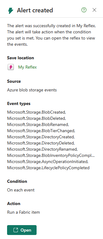 Screenshot memperlihatkan pemberitahuan pembuatan Alert.
