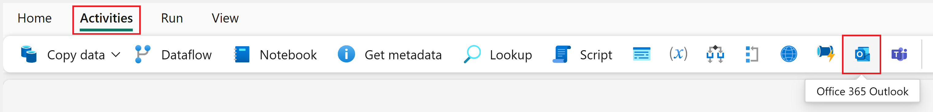Cuplikan layar yang menekankan cara memilih aktivitas Outlook Office 365.