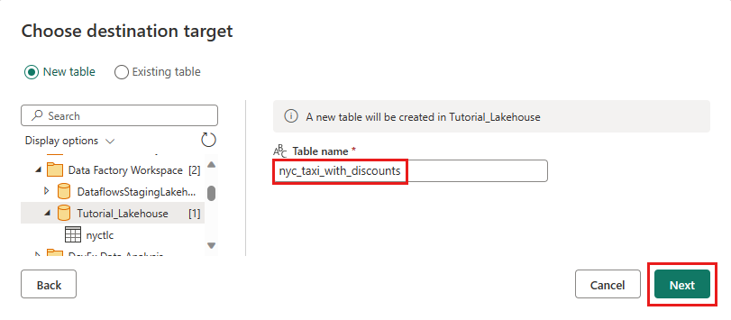 Screenshot showing the Choose destination target dialog with Table name nyc_taxi_with_discounts.