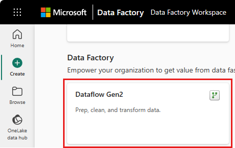 Screenshot showing the Fabric Create page with the Dataflow Gen2 button highlighted.