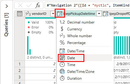Screenshot showing the selection of the Date data type for the IpepPickupDatetime column.