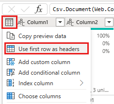 Screenshot showing the selection of the Use first row as headers option from the table context menu.