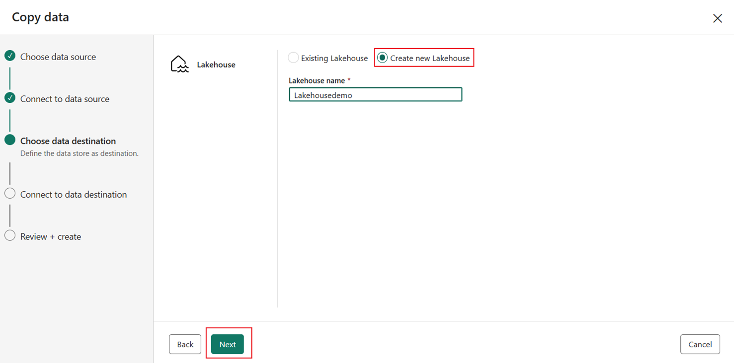 Cuplikan layar memperlihatkan dialog Pilih tujuan data dengan opsi lakehouse baru dipilih.