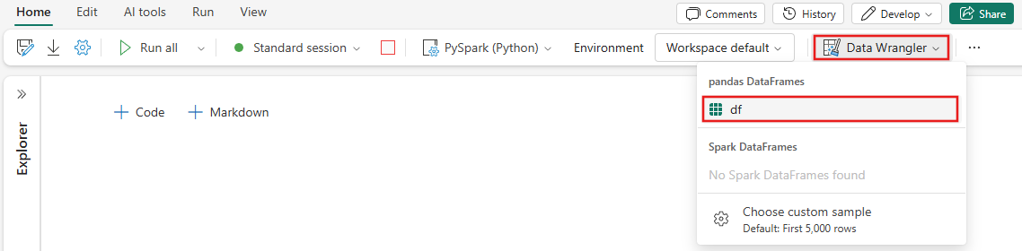 Cuplikan layar memperlihatkan cara meluncurkan pengelola data dari notebook.