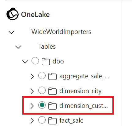 Cuplikan layar dari portal Fabric memperlihatkan browser objek OneLake. Di bawah WideWorldImporters, Tables, dbo, dimension_customer dikotak dengan warna merah.