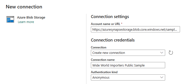Screenshot of the Connections settings screen with the Account name and Connection credentials fields filled in as directed in the previous steps.