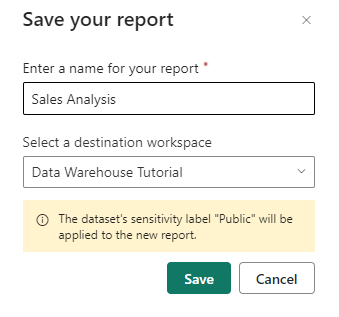 Cuplikan layar kotak dialog Simpan laporan Anda dengan Analisis Penjualan dimasukkan sebagai nama laporan.