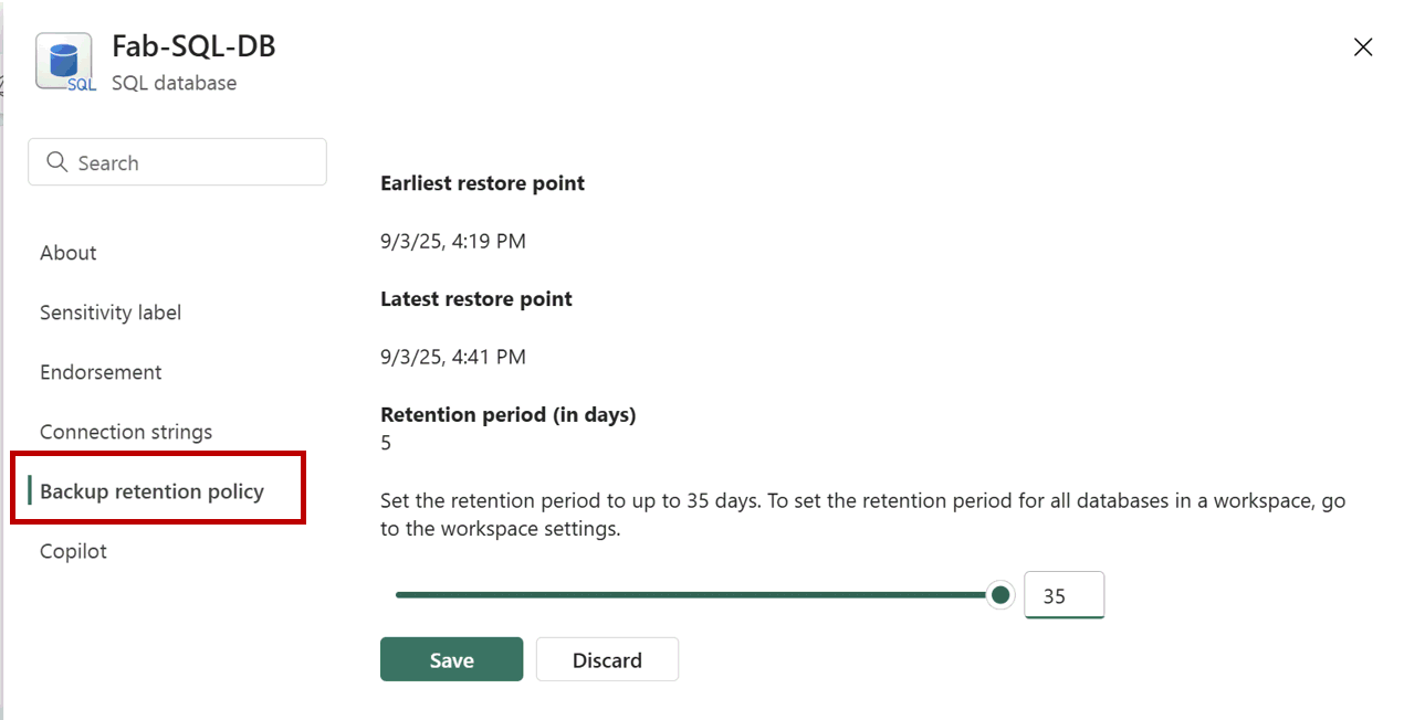 Cuplikan layar dari portal Fabric memperlihatkan cara mengubah kebijakan penyimpanan cadangan di Pengaturan database.