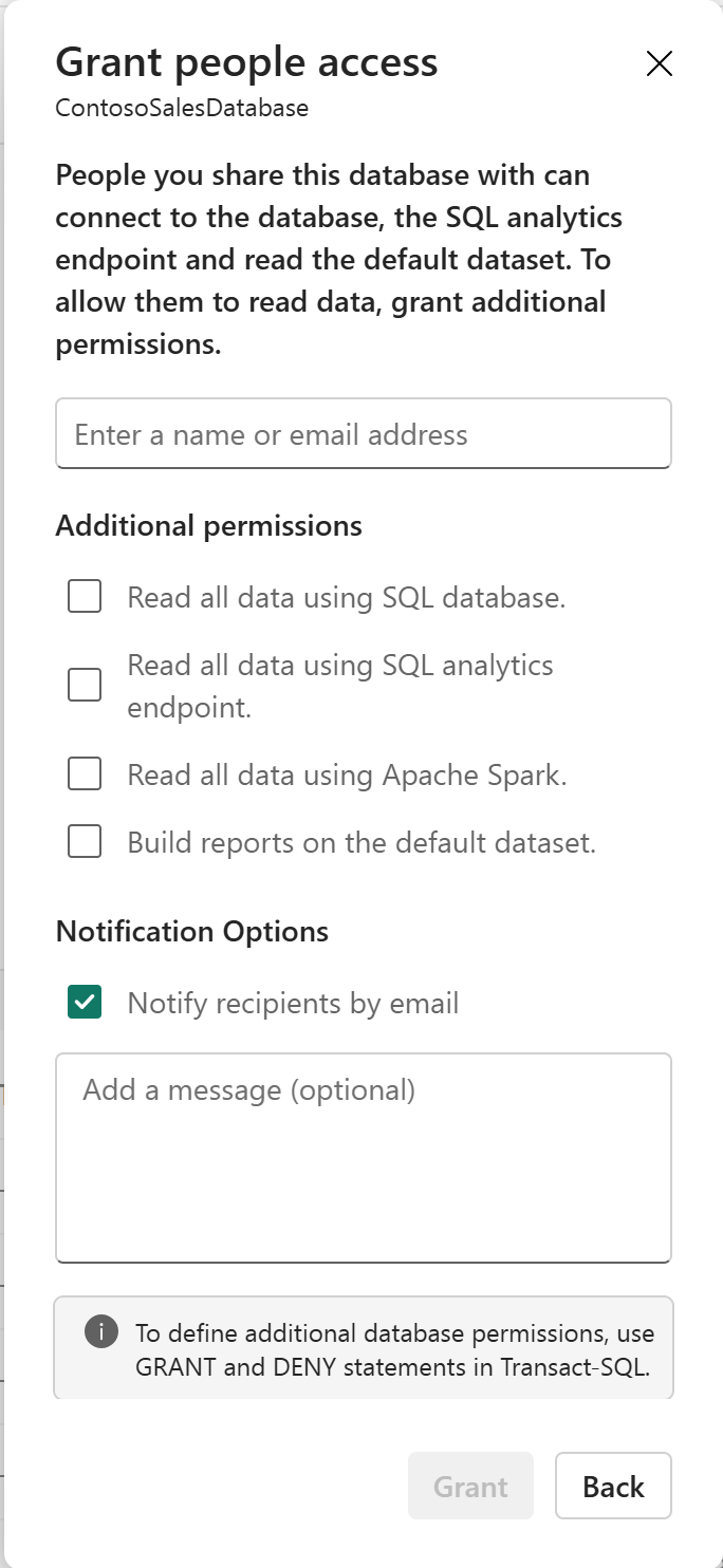 Cuplikan layar kotak dialog Beri orang akses dari portal Fabric.