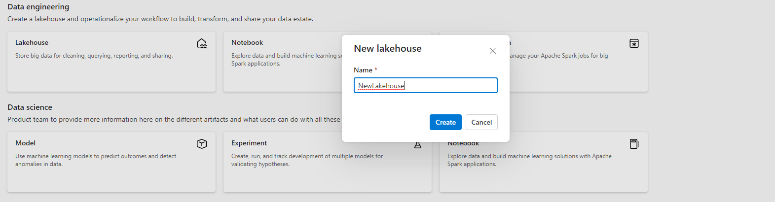 Cuplikan layar memperlihatkan tempat memasukkan nama lakehouse baru Anda.
