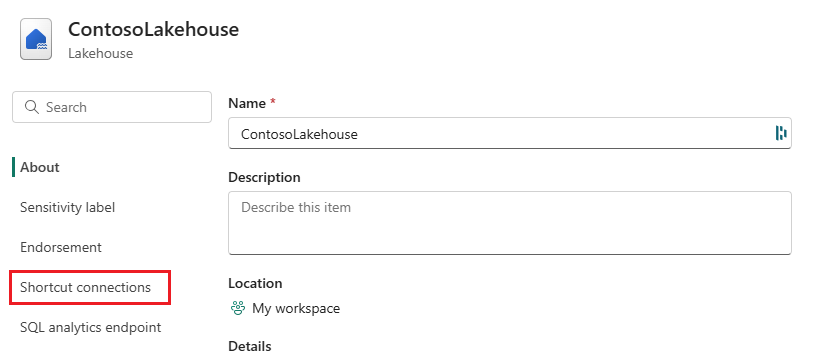 Cuplikan layar yang memperlihatkan opsi koneksi pintasan di menu pengaturan lakehouse.