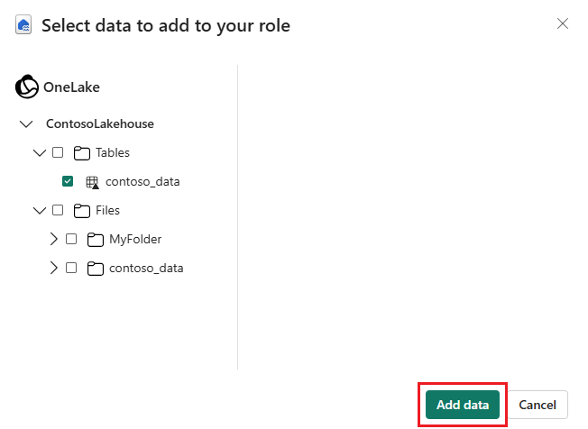 Cuplikan layar yang memperlihatkan pemilihan 'tambahkan data' untuk mengonfirmasi pemilihan data untuk peran keamanan.