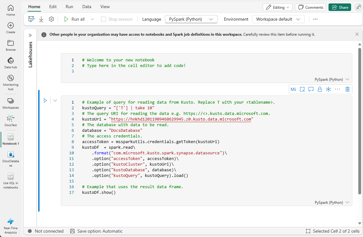 Screenshot of notebook that is created from a KQL database.