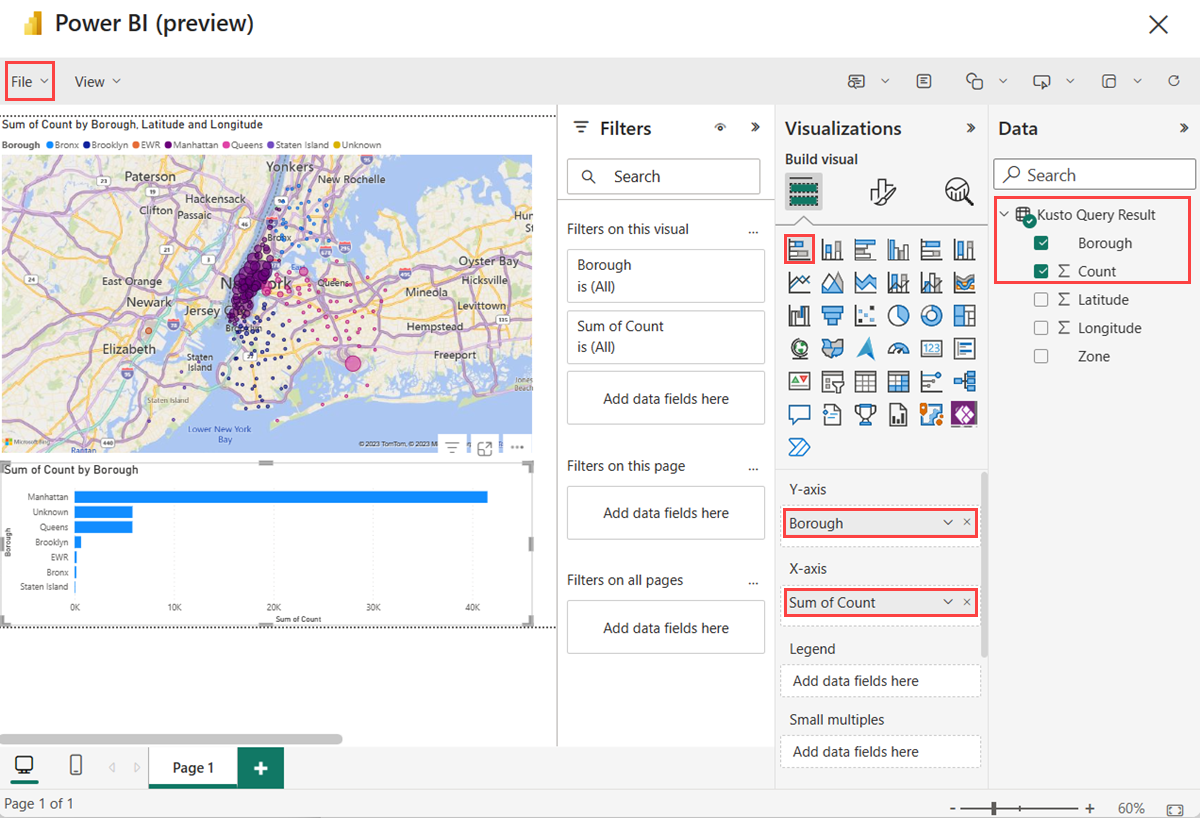 Screenshot of adding second visualization to the Power BI report in Synapse Real-Time Analytics in Microsoft Fabric.