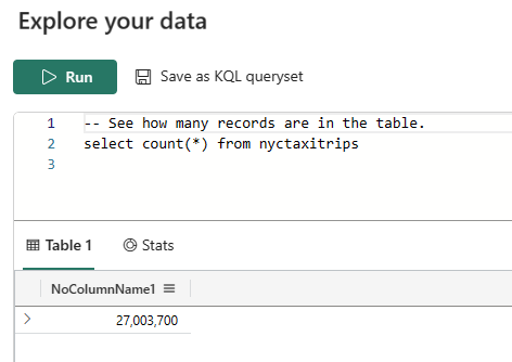 Screenshot of using the count SQL operator in a KQL quick query.