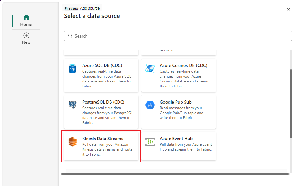 Cuplikan layar memilih Kinesis Data Aliran.