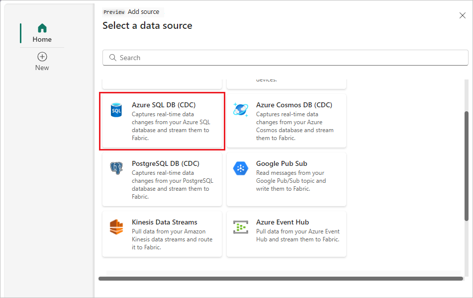 Cuplikan layar memilih Azure SQL DB (CDC).