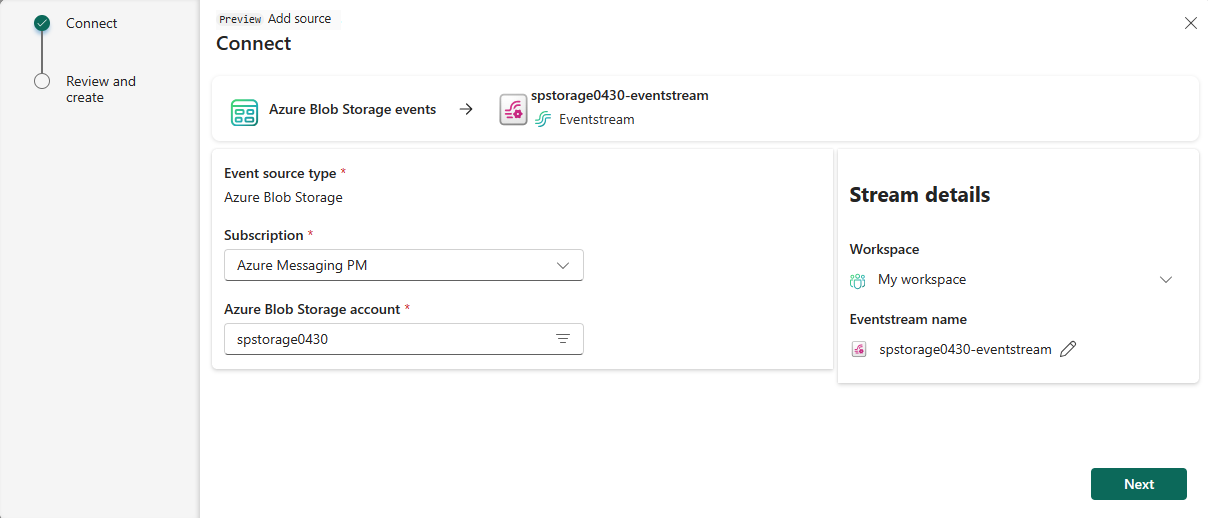 Cuplikan layar yang memperlihatkan pengaturan Sambungkan untuk akun Azure Blob Storage.