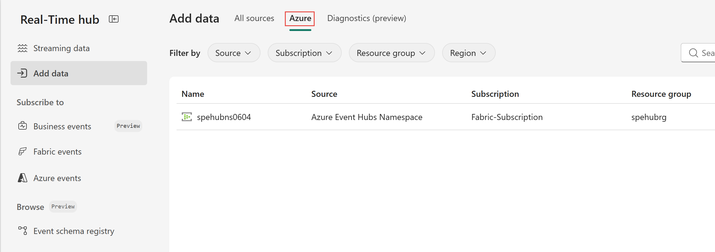 Screenshot yang memperlihatkan cara beralih ke tab Azure pada halaman Tambahkan data.