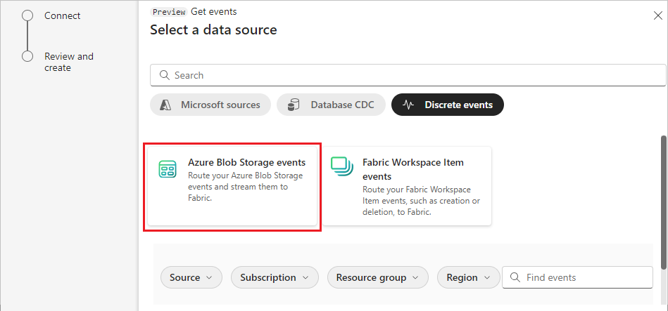 Cuplikan layar memilih peristiwa Azure Blob Storage.