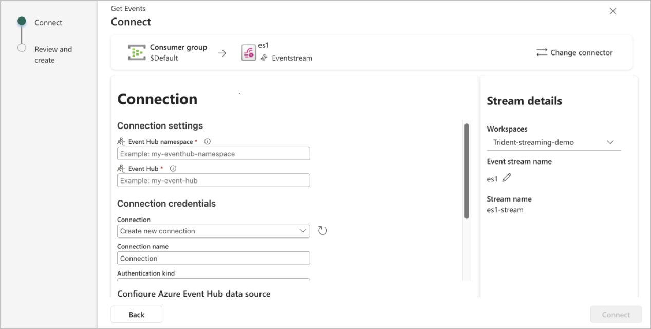 Cuplikan layar menyambungkan ke Azure Event Hub.