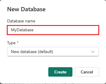 Cuplikan layar jendela Database KQL Baru memperlihatkan nama database. Tombol Buat disorot.