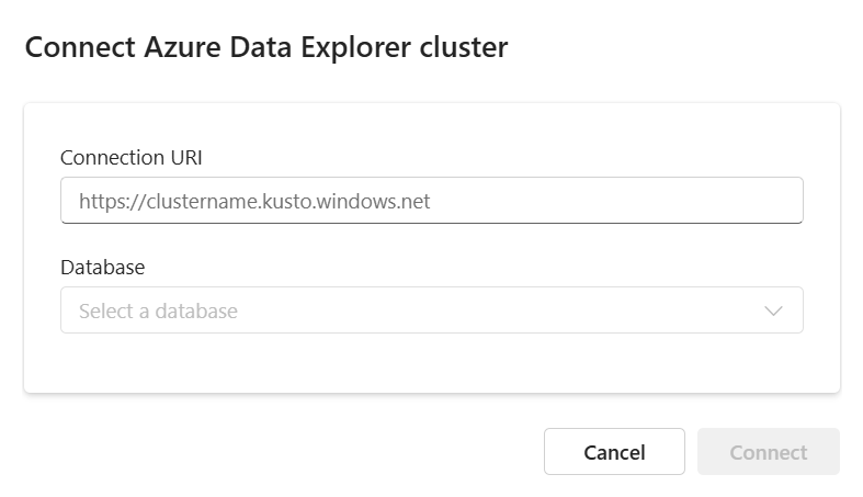 Cuplikan layar jendela koneksi memperlihatkan URI kluster Azure Data Explorer. Tombol kluster Koneksi disorot.