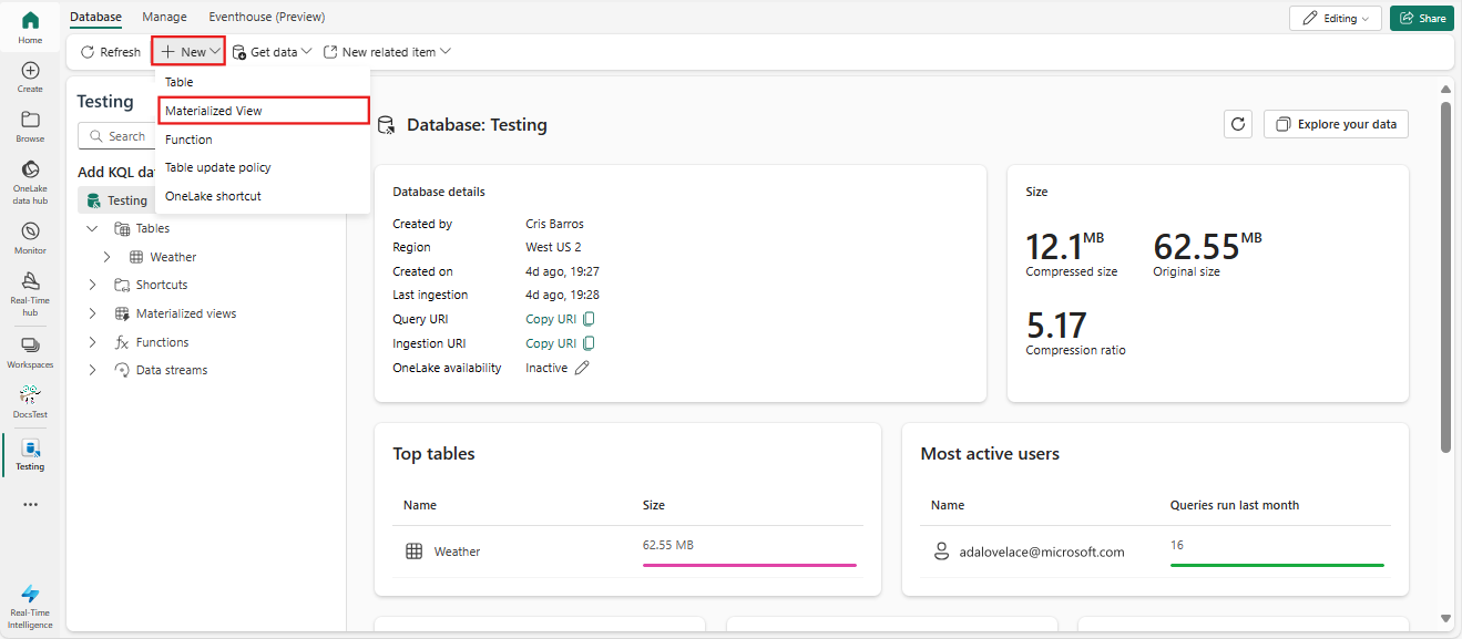 Cuplikan layar halaman arahan database KQL memperlihatkan menu dropdown Opsi baru, dengan opsi berjudul Tampilan terwujud disorot.