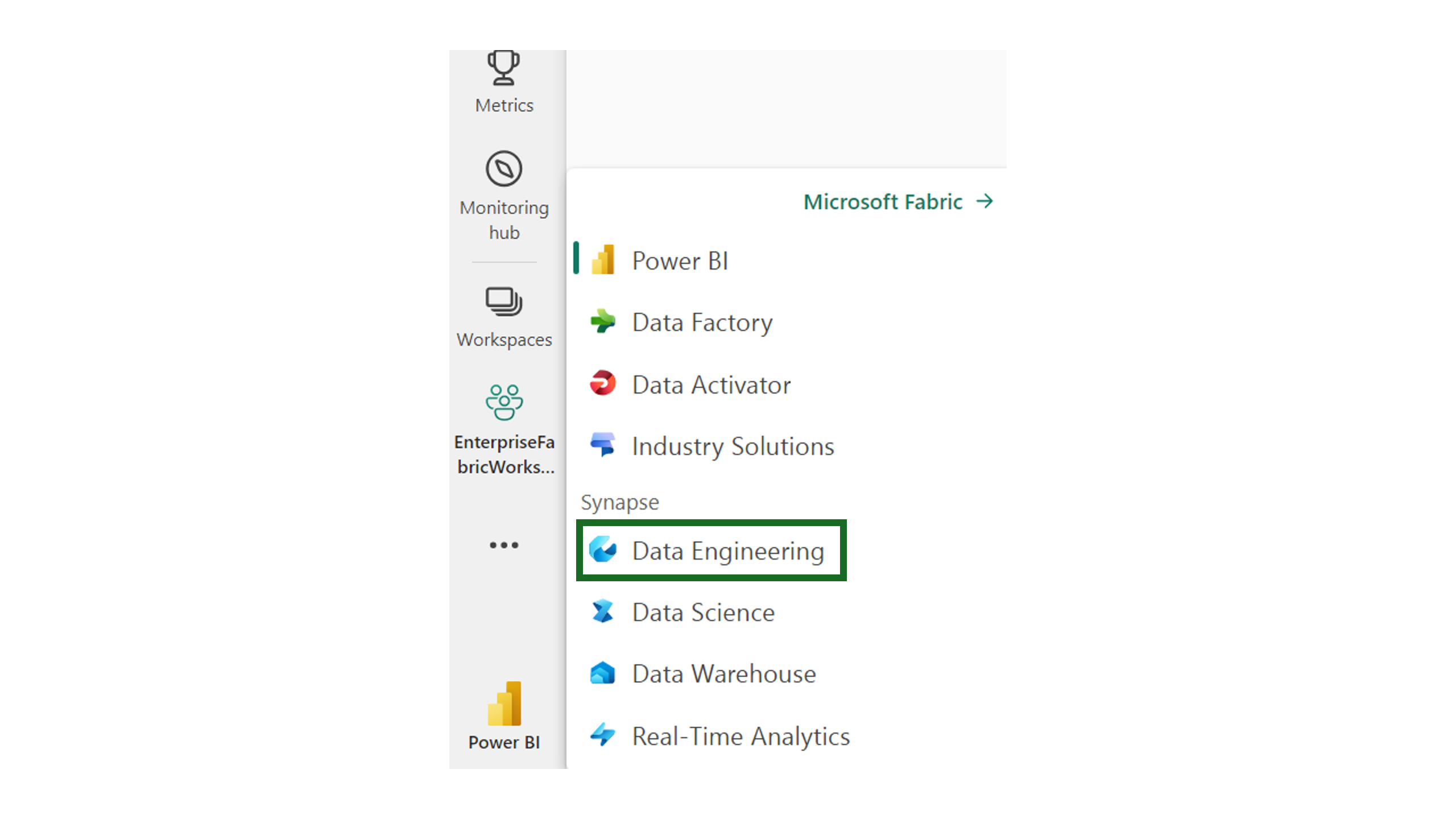 Cuplikan layar memperlihatkan cara masuk ke pengalaman rekayasa data di Fabric.