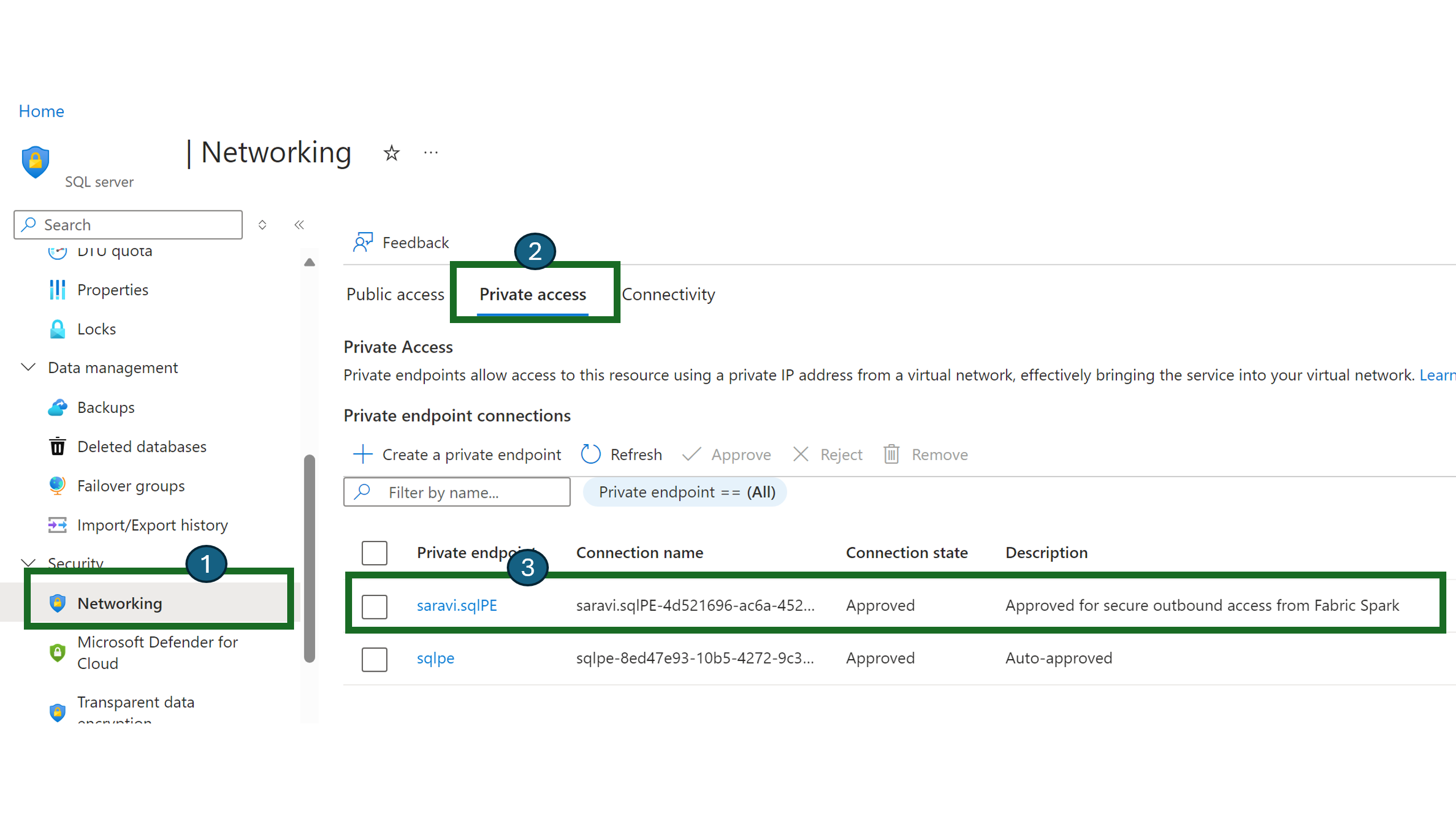 Cuplikan layar memperlihatkan tab Akses privat di halaman Jaringan sumber daya di portal Azure.