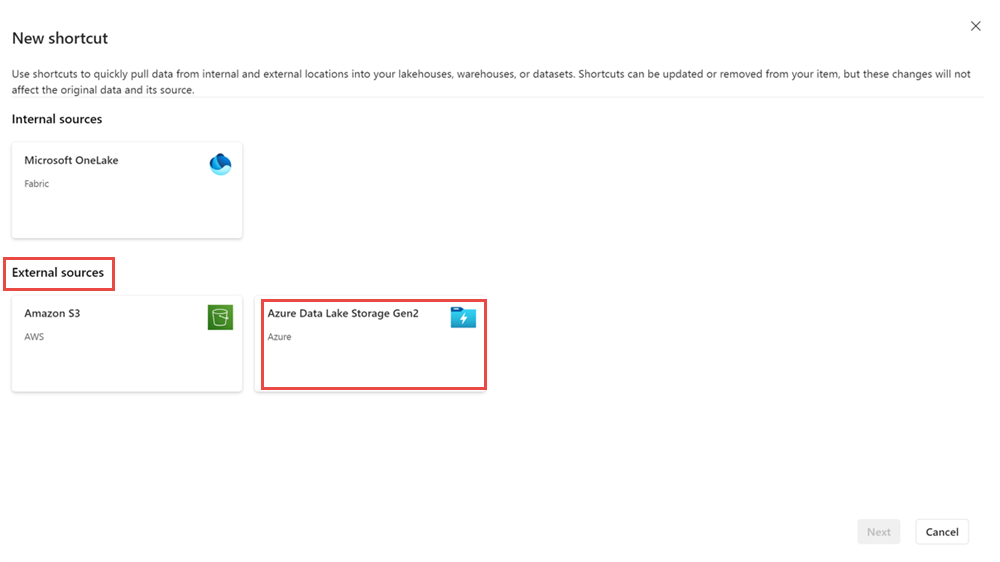 Cuplikan layar memperlihatkan memilih Azure Data Lake Storage Gen2 sebagai sumber eksternal.