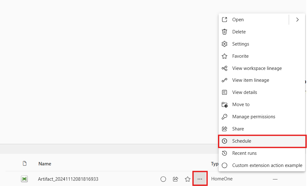 Cuplikan layar memperlihatkan opsi Jadwal di menu Penjadwal Fabric.