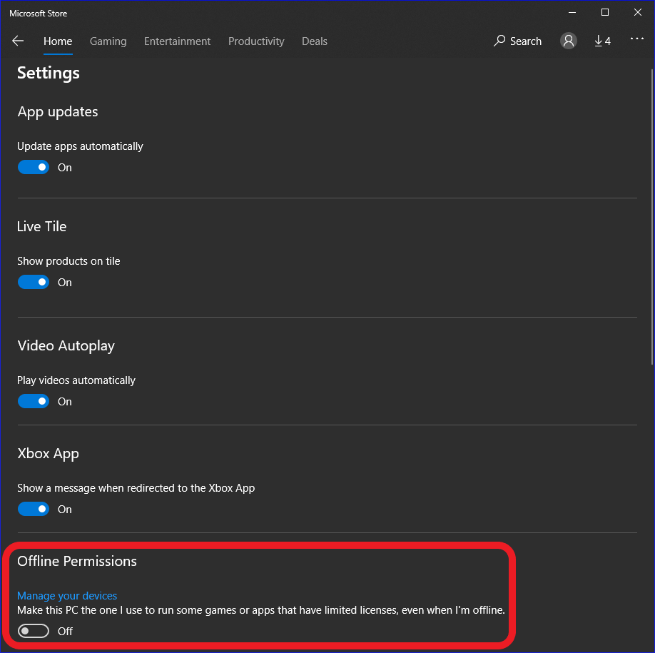 Screenshot of Microsoft Store offline permissions