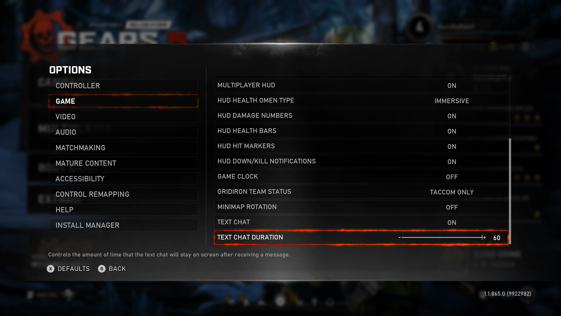 Cuplikan layar dari Gears 5, memperlihatkan menu 