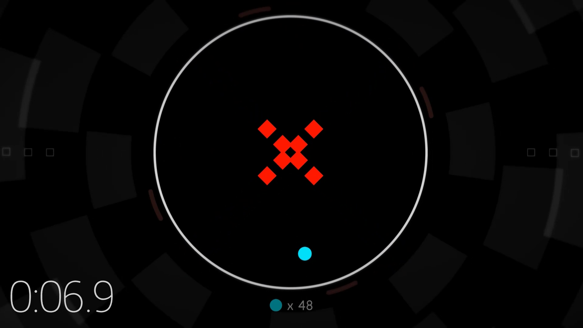 Cuplikan layar dari HyperDot. Timer di sudut kiri bawah layar menunjukkan ada 6,9 detik tersisa dalam gameplay.