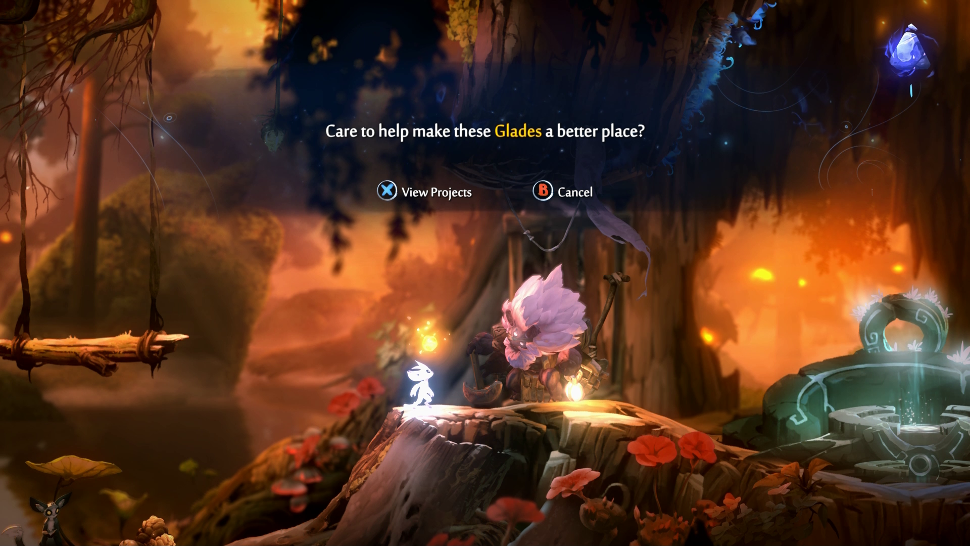 Cuplikan layar dari Ori dan Will of the Wisps. Dialog muncul dalam game yang meminta, 