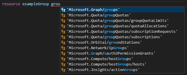 Cuplikan layar memilih grup Microsoft Graph untuk jenis sumber daya.